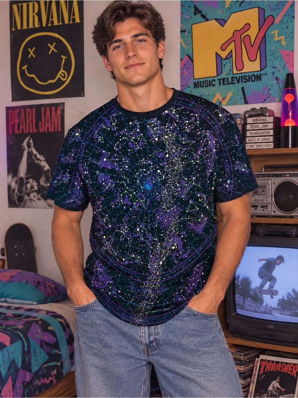VINTAGE 1993 Liquid Blue Constellation Astrology All Over Print T-Shirt Men’s L